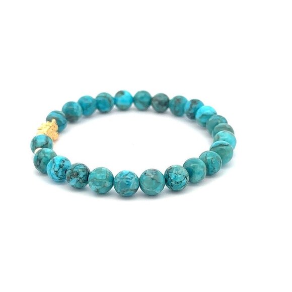 18K Gold Dragon Pixiu Piyao Lucky Charm Beads Bracelet Gemstones Turquoise 6mm - Picture 4 of 5